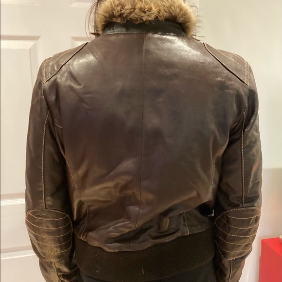 Chocolate Brown Leather Bomber Jacket w Fur Collar - Picture 9 of 10